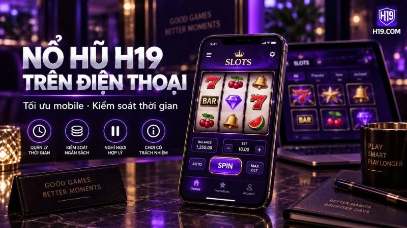 Nổ Hũ H19 với máy slot trực tuyến và các biểu tượng quay thưởng